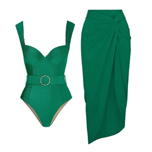 Solid green one-piece swimsuit with belted waist and matching sarong skirt set