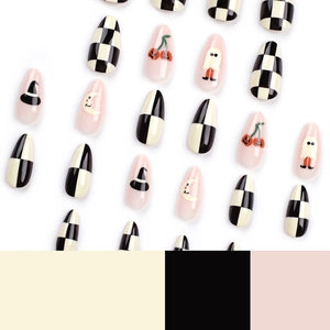 Halloween almond fake nails with checkerboard, ghost, and wizard hat illustrations