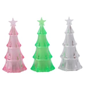 Three mini LED Christmas tree night lights in pink, green, and white acrylic with stars