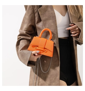 Detailed macro of vibrant orange mini bag featuring lychee grain texture and metal chain