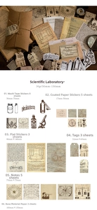Collezione di carta per scrapbooking vintage a tema laboratorio con funghi e farfalle
