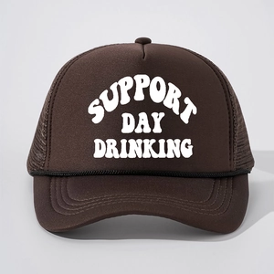 Brown trucker hat with Support Day Drinking print and breathable mesh back