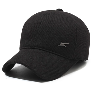 Men's winter wool baseball cap with ear protection and metal logo in black