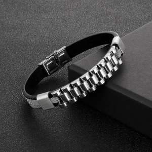 Macro detail of men's stainless steel watch band bracelet with black silicone and mesh inlay