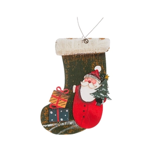 Hand-painted Christmas stocking hanging ornament with Santa Claus and gift box design