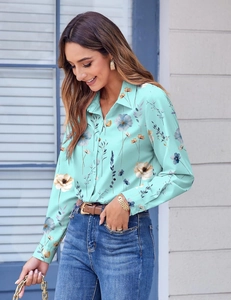 Detail of mint green floral print shirt showing lapel collar and button closure