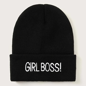Girl Boss Embroidery Beanie Hat Cuffed Knitted Acrylic Warm Winter Casual Outdoor Headwear For Women