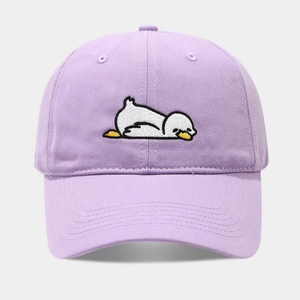 Close-up of lavender cotton baseball cap featuring a cute embroidered lazy duck