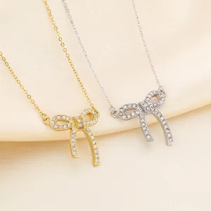 Stainless Steel Bowknot Pendant Necklace Rhinestone Paved Ribbon Design Dainty Elegant Korean Style Jewelry For Women