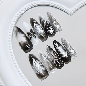 Gothic 3D silver flower press-on nails with black gradient ink texture and metal charms