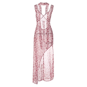 Rotes Blumenkleid aus Netzstoff mit Neckholder und hohem Schlitz für den Sommerstrand