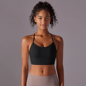 Front view of black double-sided brushed sports bra with U-neck and wide underband