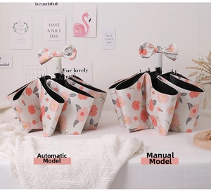 Detail view of pink floral folding umbrellas with 3D bow handle and automatic mechanism