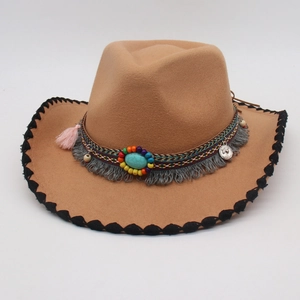 Detail of camel felt fedora with ethnic woven band, turquoise stone, and beaded tassels