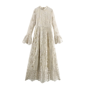 Elegante Abito Lungo In Pizzo Ricamato Collo Alto Maniche A Campana Vita Alta Stile Vintage Francese