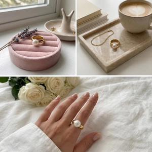 Elegant gold stainless steel pearl ring shown in lifestyle settings and on a hand