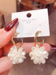 Detailed shot of spherical flower pendant earrings with S925 silver needle on display card