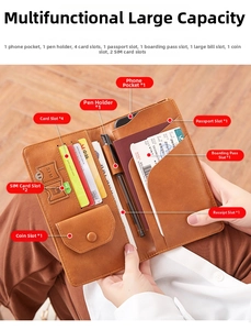 Detailed interior of a brown leather travel wallet with RFID slots for passport and phone