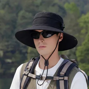 Men's wide brim sun hat in black with compass and adjustable chin strap for hiking