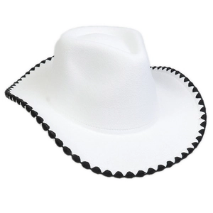 Close-up of white wool fedora hat with black contrast trim and detailed texture
