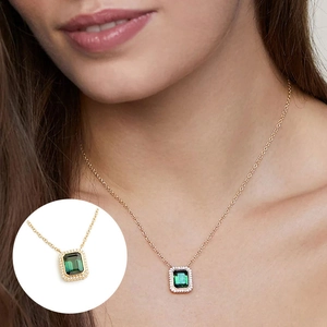 Elegant S925 silver necklace with rectangular emerald pendant and gold chain on model