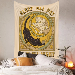 Bohemian cat tapestry with sun and moon illustration for cozy bedroom wall decoration