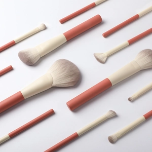 Pink and beige 12-piece makeup brush set with soft bristles for flawless application