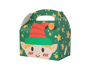 Close-up of green Christmas elf candy box with handle for holiday gift packaging