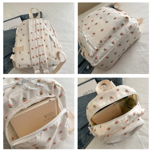 Detail shots of the beige floral school backpack showing the interior and side view