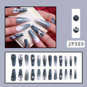 Long ballet coffin press-on nails set with grey marble and silver glitter designs