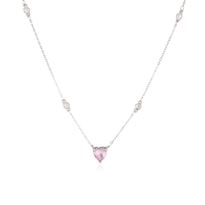 Elegant silver necklace featuring a pink heart zircon pendant and round accent stones