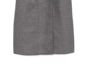 Detailed close-up showing the precise stitching and grey wool blend texture on the coat hem