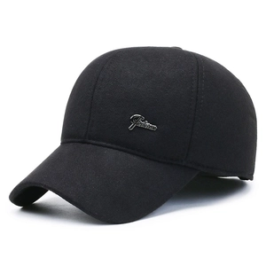 Classic black winter baseball cap with metal fashion logo and thick wool texture