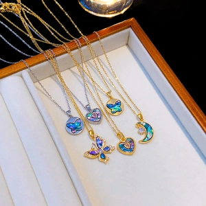 Collier Pendentif Papillon Lune Cœur Coquillage Coloré Nacre Incrustée Acier Titane Bijoux De Luxe Pour Femmes