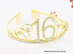 Detailed view of number 16 gold birthday crown with sparkling white and pink rhinestones