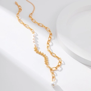 Elegant 18K gold plated freshwater pearl necklace with wheat leaf pendant on white background