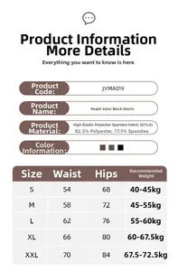 Size chart for high waist yoga shorts showing waist, hip measurements and material specs