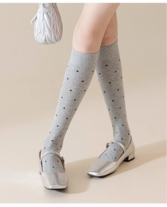 Detailed view of gray polka dot knee-high socks with silver Mary Jane shoes