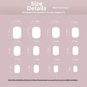 Size chart showing 24pcs of mini square press-on nails with 12 distinct dimensions