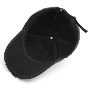 Distressed black cotton baseball cap with ripped details and adjustable metal buckle