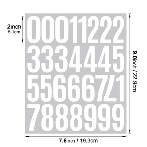 2-inch white vinyl number stickers with detailed dimensions for labeling and sorting