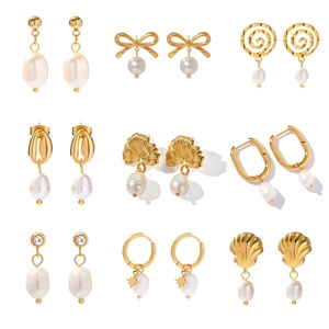Collection of 18k gold plated stainless steel earrings with elegant freshwater pearls