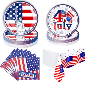 Detail view of 4th of July party plates and napkins with American flag and Statue of Liberty