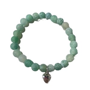 8mm green cracked zebra stone bead bracelet with a silver heart pendant for couples