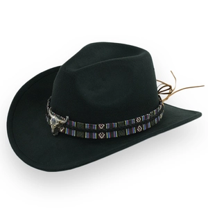 Schwarzer Cowboyhut aus Wollfilz mit Ethno-Band und silbernem Stierkopf-Ornament