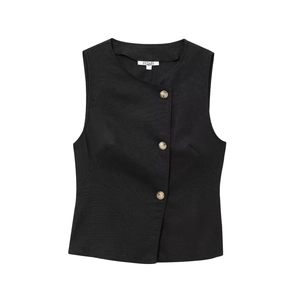 Sleeveless black linen blend double-breasted vest with textured fabric and dark buttons
