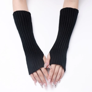 Detail of long black ribbed knit arm warmers with fingerless design for autumn and winter