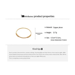 Detailed specs of gold-plated copper bangle featuring pavé zircon and 5.8cm inner diameter