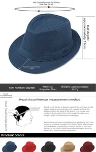 Detailed size guide for fedora sun hat showing measurements and multiple color options
