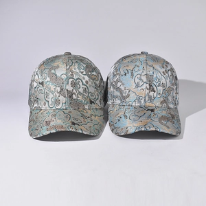 Chinese style jacquard baseball caps with dragon and cloud patterns in blue grey silk